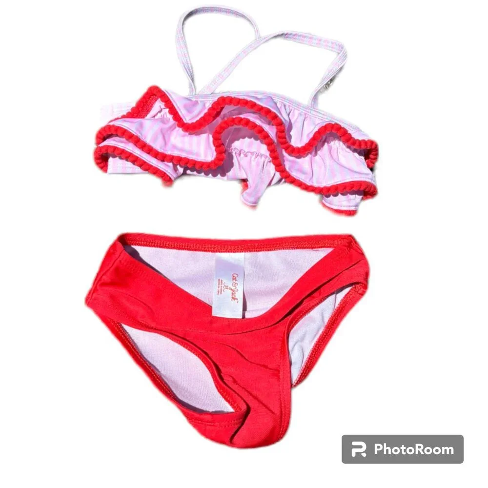 Cat & Jack Toddler‎ Girl's Striped Red Pink and White Ruffle Bikini 3T
